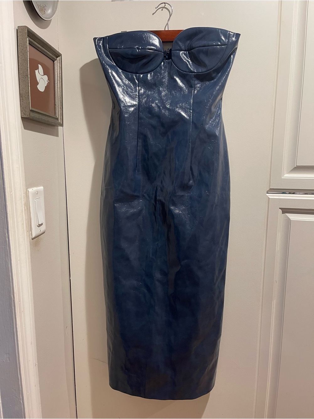 Anthropologie Mare Mare Midi Dress Gray Blue Faux Leather Strapless Slim S NWT